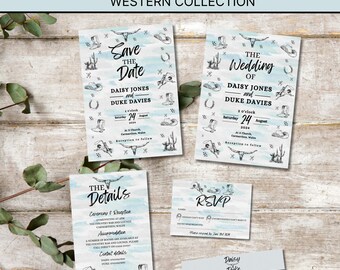 Puede incluir: Un conjunto de invitaciones de boda con temática western. Las invitaciones presentan un fondo de acuarela en un esquema de color azul y blanco. El texto de las invitaciones incluye los nombres "Daisy Jones" y "Duke Davies", la fecha "24 de agosto de 2024" y la hora "2 en punto". Las invitaciones están decoradas con ilustraciones de temática western, como botas de vaquero, sombreros y herraduras.