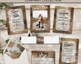 Cow print country + western wedding template stationary bundle. Invitation, save the date, RSVP, bellyband, envelope liner. Cowgirl + cowboy