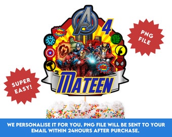 Adorno personalizado para tarta de los Vengadores, archivo PNG imprimible para cumpleaños (descarga digital)
