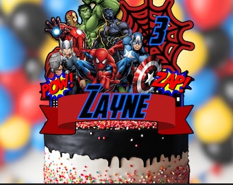 Adorno personalizado para tarta de cumpleaños de superhéroe (descarga digital)