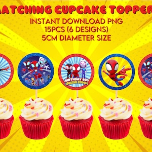 Pu&ograve; includere: Set di 15 topper per cupcake rossi, blu e bianchi con un personaggio di supereroe dei cartoni animati. I topper hanno un diametro di 5 cm e una finitura glitterata. I topper sono perfetti per una festa di compleanno.