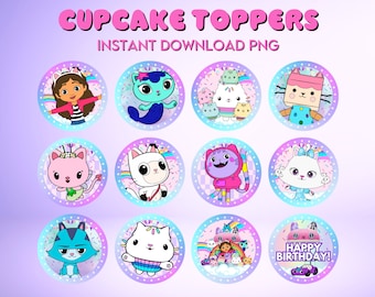 Decorazioni per cupcake a tema casa delle bambole di Gabby, festa di compleanno (file PNG)