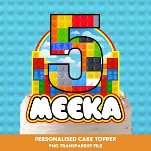 May include: A cake topper featuring the number 5, designed as colourful toy building blocks, with the name "MEEKA" in a bubble font. The background is light blue with a repeating pattern. Text at the bottom reads "PERSONALIZED CAKE TOPPER PNG TRANSPARENT FILE."