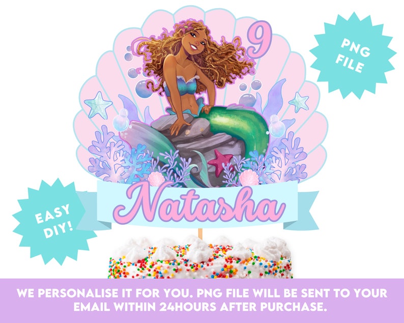 Printable Mermaid Cake Topper, Personalised Birthday Cake Topper, Digital Cake Topper, Digital ...