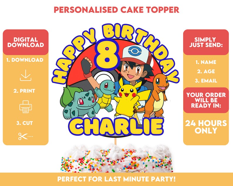 May include: A printable cake topper featuring a cartoon character from the Pokemon franchise. The topper says "Happy 8th Birthday Charlie" and includes a red and white Pokeball, a green Bulbasaur, a yellow Pikachu, a blue Squirtle, and a red Charmander.