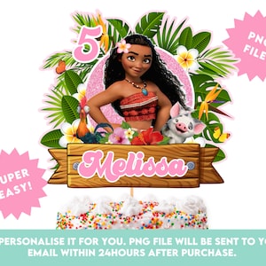Pode incluir: Um topo de bolo rosa e verde com Moana do filme da Disney Moana. O topo inclui um número 5 rosa, uma placa com o nome "Melissa" e folhas tropicais.