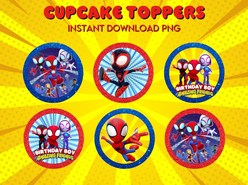 Pu&ograve; includere: Sei topper rotondi per cupcake con personaggi di Spider-Man. I topper hanno un bordo rosso e blu con glitter. I topper raffigurano Spider-Man, Miles Morales e Gwen Stacy. Due dei topper recitano "Birthday Boy Amazing Friends".