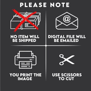 Pu&ograve; includere: Una grafica in bianco e nero con quattro quadrati. Il quadrato in alto a sinistra mostra una X rossa su un pacco con il testo "NESSUN ARTICOLO SAR&Agrave; SPEDITO". Il quadrato in alto a destra mostra una busta bianca con un simbolo "@" e il testo "IL FILE DIGITALE SAR&Agrave; INVIATO VIA EMAIL". Il quadrato in basso a sinistra mostra una stampante bianca con il testo "STAMPI L'IMMAGINE". Il quadrato in basso a destra mostra un paio di forbici bianche con il testo "USA LE FORBICI PER TAGLIARE".