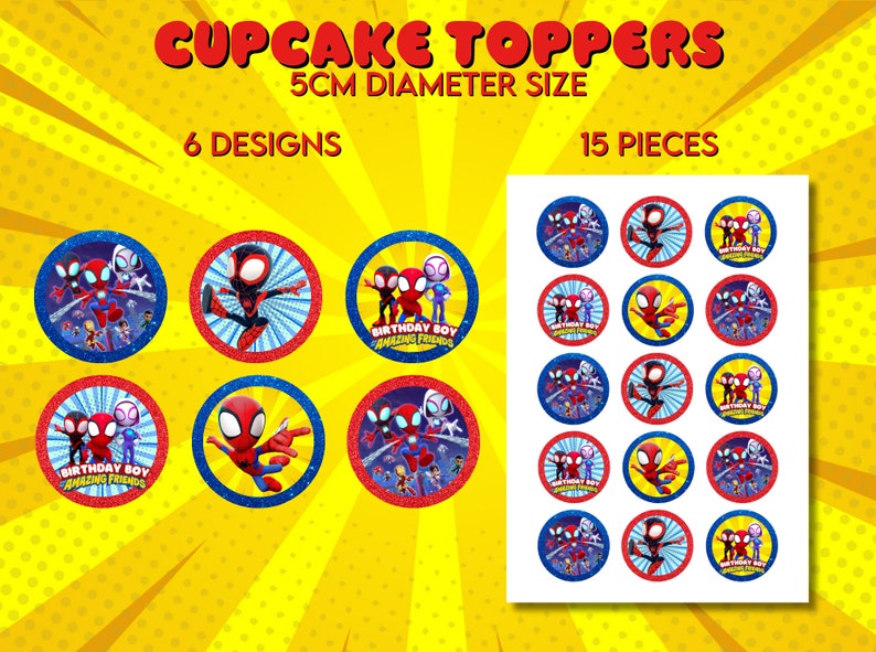 Pu&ograve; includere: 15 topper rotondi per cupcake con un personaggio di supereroe dei cartoni animati in rosso e blu con il testo "Birthday Boy Amazing Friends". I topper hanno un diametro di 5 cm.