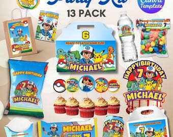 May include: A party kit with a variety of themed items, including a cake topper, cupcakes, candy, water bottle, and treat bags. The kit features the text "Party Kit 13 Pack" and "Michael Turns 7". The design includes cartoon characters.