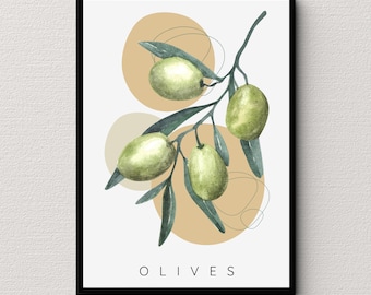 Verde oliva stampabile Wall Art Download istantaneo Arredamento cucina Fiori botanici Insalata di frutta Idea regalo Boho Pittura ad acquerello digitale