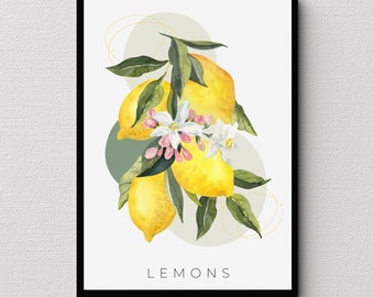 Limone stampabile Wall Art Download istantaneo Cucina Decor Agrumi Botanici Fiori Insalata di frutta Idea regalo Boho Pittura ad acquerello digitale
