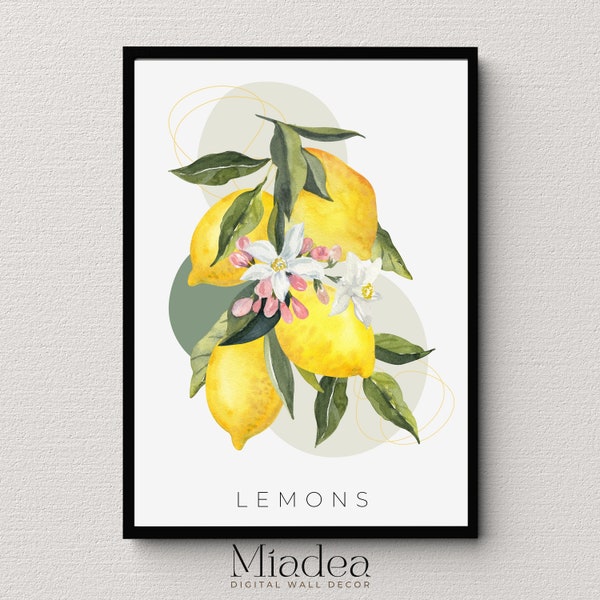 Lemon Printable Wall Art Instant Download  Kitchen Decor Citrus Botanical Flowers Fruit Salad Gift Idea Boho Watercolor Painting Digital