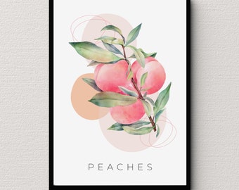 Pesche rosa stampabile Wall Art Download istantaneo Arredamento cucina Fiori botanici Insalata di frutta Idea regalo Boho Pittura ad acquerello digitale