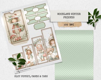Woodland Winter Friends – Zestaw do prowadzenia dziennika z zabawnymi śmieciami | Przytulne, drukowane kieszonki, metki, zakładki i drobiazgi do scrapbookingu i tworzenia kartek
