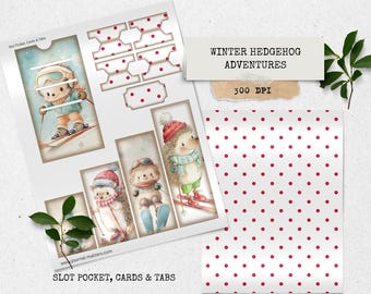Zimowe przygody jeża – uroczy zestaw do dziennika zimowych śmieci | Kieszonki, metki, zakładki i kartki do druku | Efemerydy leśnych zwierząt do scrapbookingu