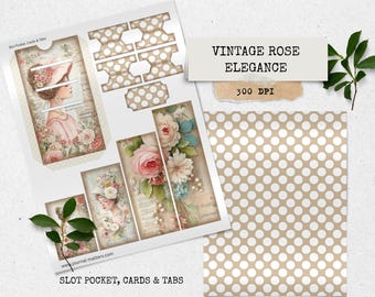 Zestaw Vintage Rose Elegance Junk Journal | Ephemera w stylu shabby chic z kwiatowymi nadrukami, wiktoriańskie kartki i zakładki, romantyczne antyczne pliki cyfrowe do pobrania