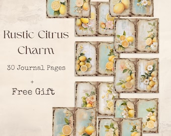 Zestaw do dziennika Rustic Citrus Charm Junk, papier cyfrowy Vintage Lemon, efemerydy kwiatowe w stylu shabby chic, 38 stron, 300 DPI