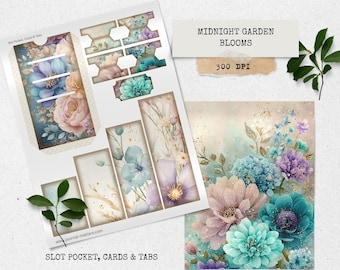 Midnight Garden Blooms – Zestaw do prowadzenia dziennika „Floral Junk” | Kieszonki, metki, zakładki i kartki do druku do scrapbookingu, botanicznych drobiazgów i papierowych ozdób