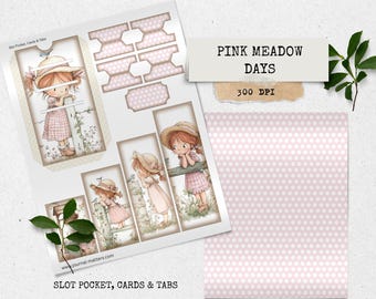 Zestaw do dziennika „Różowe Dni Łąki” | Ephemera do druku w stylu vintage dla dziewczynek | Papier w stylu shabby cottagecore | Pastelowy wiosenny album do pobrania w wersji cyfrowej