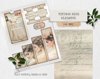 Zestaw Vintage Rose Elegance Junk Journal, romantyczne drobiazgi, zabytkowe metki, papier w stylu shabby chic, nadruk kwiatowy, tworzenie kobiecych kartek do scrapbookingu