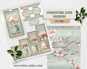 Zestaw do pisania dziennika „Wiosenny deszcz miłości” | Ephemera do druku dla par w stylu vintage | Karty i zakładki z kwiatowymi parasolami | Romantyczny styl Cottagecore