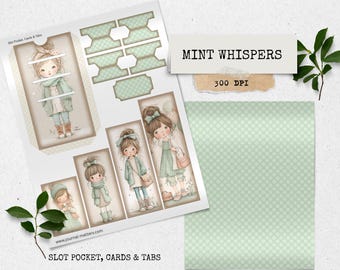Zestaw do dziennika Mint Whispers Junk | Ephemera do druku w stylu vintage dla dziewczynek | Miękkie zielone kartki i zakładki w stylu shabby chic | Pobieranie cyfrowe