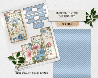 Zestaw do pisania dziennika Bluebell Garden Junk Journal – vintage'owe kwiatowe nadruki, kieszonki, metki, zakładki, drobiazgi do scrapbookingu i tworzenia kartek