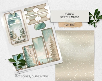 Zestaw do dziennika „Nordic Winter Magic” – zimowe śmieci | Kieszonki, metki, zakładki i kartki do druku Skandynawskie świąteczne drobiazgi do scrapbookingu i rękodzieła
