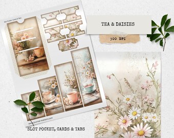 Zestaw do dziennika Tea & Daisies Junk | Drukowane drobiazgi, kieszonki na szczeliny, metki, zakładki do scrapbookingu, tworzenia kartek, rękodzieła papierowego, miniprojekty rękodzielnicze