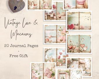 Zestaw do prowadzenia dziennika Vintage Love & Macaroons Junk – 20 stron do dziennika Vintage + 8 darmowych prezentów (kartki, kieszonki, tła, pocztówki)