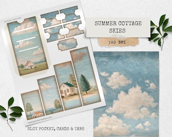 Zestaw do dziennika „Summer Cottage Skies Junk Journal” | Ephemera do druku w stylu vintage country | Karty z motywami rustykalnymi, chmurami i krajobrazami w stylu shabby chic