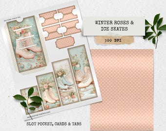 Zestaw do dziennika „Zimowe róże i łyżwy” | Zimowy wydruk w stylu vintage | Różowo-niebieskie zakładki do kartek z motywem kwiatowym | Przytulne pamiątki związane z łyżwami, 300 DPI