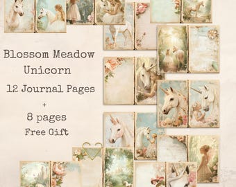 Zestaw do pisania dziennika śmieci Blossom Meadow Unicorn Junk Journal | 12 stron fantasy do druku + 8 dodatkowych tagów Koperty i tła Darmowe, natychmiastowe pobranie, 300 DPI
