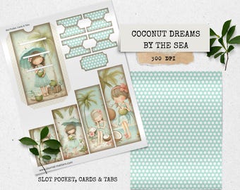Zestaw do pisania dziennika „Coconut Dreams By The Sea Junk” | Ephemera do druku z motywem tropikalnej plaży | Sztuka nadmorskiej dziewczyny, letni papier do scrapbookingu | Pobieranie cyfrowe
