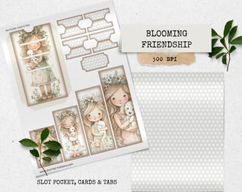 Zestaw do dziennika Blooming Friendship Junk, kieszonka do druku z motywem dziewczyny i zwierzaka w stylu vintage, zakładki do kart, drobiazgi w stylu shabby chic, urocze strony do dziennika ze zwierzętami