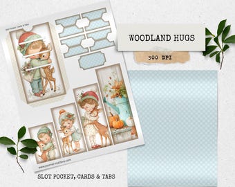 Zestaw do dziennika Woodland Hugs Junk Journal | Vintage Winter Printable | Karty z kartami dziecięcymi i jeleniami | Przytulne leśne drobiazgi | Pobieranie cyfrowe