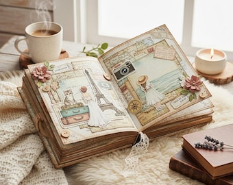 Zestaw do prowadzenia dziennika podróży, vintage'owe, drukowane pamiątki, album ze zdjęciami, cyfrowe pobieranie dla podróżników i poszukiwaczy przygód, ponadczasowe podróże, 61 stron, ogromny