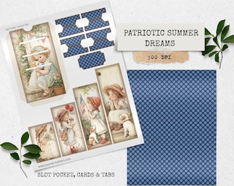Zestaw do pisania dziennika Patriotic Summer Dreams Junk Journal | Wersja do druku w stylu vintage Americana | Zakładki do kartek z motywem dziewczynki i psa | Ephemera z okazji 4 lipca | Pobieranie cyfrowe