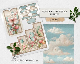 Zestaw do tworzenia dziennika „Zimowe motyle i jagody”, drukowane efemerydy, kieszonki z motywem kwiatów w stylu vintage, metki i kartki do scrapbookingu i rękodzieła