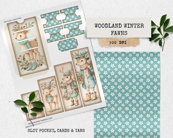 Zestaw do dziennika Woodland Winter Fawns Junk Journal | Vintage Deer Printable | Karty z leśnymi zwierzętami | Przytulne zimowe pamiątki | Pobierz cyfrowo