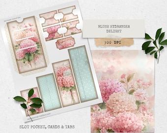 Blush Hydrangea Dreams – Zestaw do prowadzenia dziennika na śmieci, vintage'owe kwiatowe nadruki, kieszonki, metki, zakładki i drobiazgi do scrapbookingu i tworzenia kartek