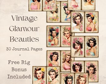 Zestaw Vintage Glamour Beauties Junk Journal Kit | Cyfrowy papier z motywem pin-up i kwiatów z lat 50. | Retro Ephemera | Album do druku w stylu shabby chic, 38 stron