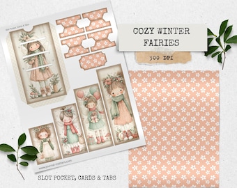 Zestaw do dziennika śmieci z motywem zimowych wróżek, vintage'owy wzór do druku | Urocze zimowe zakładki do kartek dla dziewczynek | Magiczne świąteczne drobiazgi | Pobierz cyfrowo