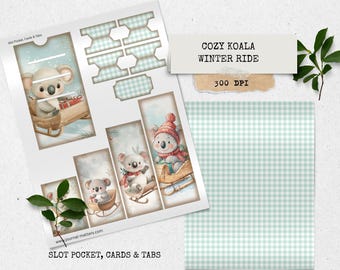 Zestaw do zapisywania dziennika „Przytulny Koala Zimowa Jazda” | Świąteczne kieszonki, metki i drobiazgi do scrapbookingu, tworzenia kartek i sezonowych ozdób