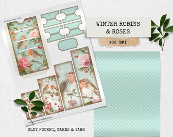 Zestaw do dziennika śmieci Winter Robins & Roses | Ephemera do druku w stylu vintage z ptakami | Papier w kwiaty w stylu shabby chic | Pobierz cyfrową wersję Christmas Cottage
