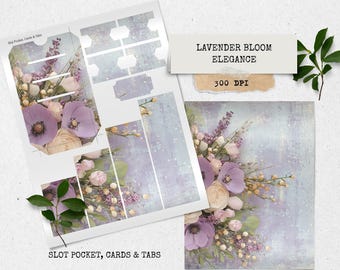 Zestaw do tworzenia dziennika Lavender Bloom Elegance – Floral Junk | Kieszonki, metki, zakładki i tło do druku w stylu shabby chic do scrapbookingu i tworzenia kartek
