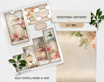 Świąteczne lampiony – zestaw do dziennika „Zimowe śmieci” | Kieszonki, metki, zakładki i kartki do druku | Vintage świąteczne drobiazgi do scrapbookingu i rękodzieła