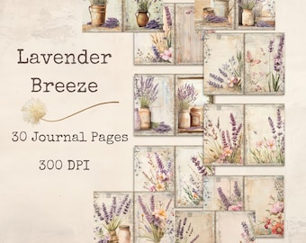 Zestaw do tworzenia dziennika „Lawendowa bryza” – 30 stron w stylu vintage do druku, cyfrowy papier w kwiaty w stylu shabby chic, dziennik „Junk Journal”, materiały 300 DPI