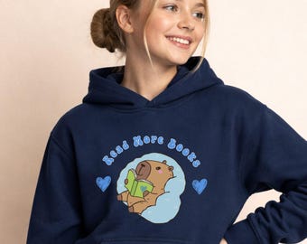 Personalized Capybara Reading Hoodie, Youth Book Lover Sweatshirt, Name on Back, Youth Capybara Hoodie